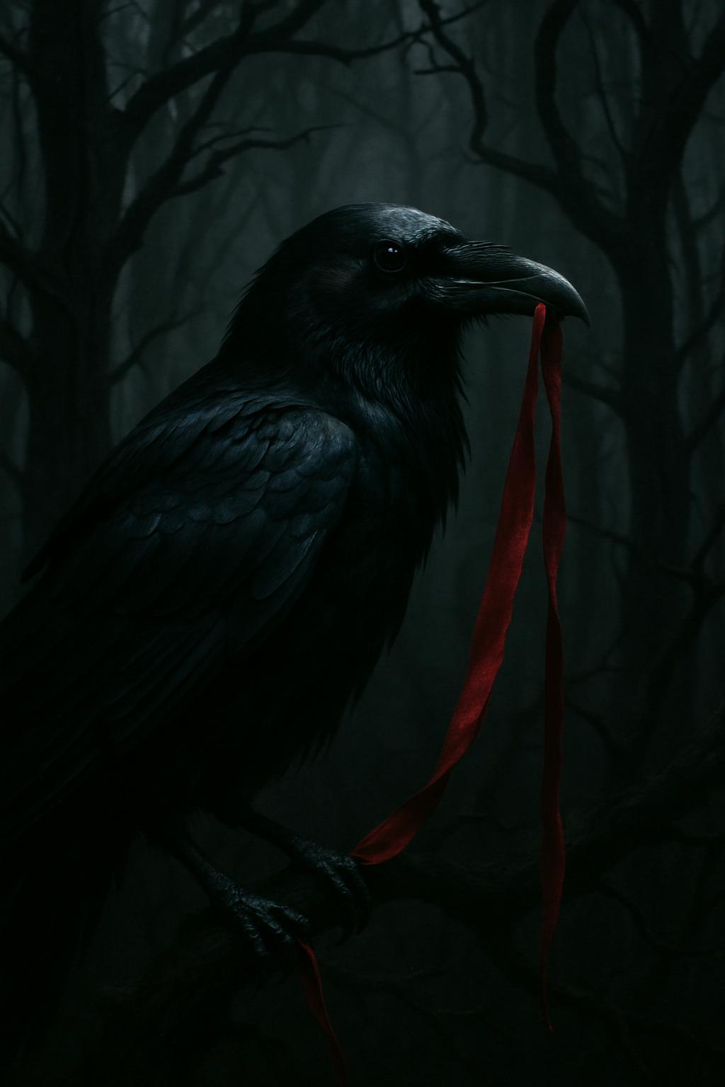 A dark forest scene with a raven holding a red ribbon in its beak.
