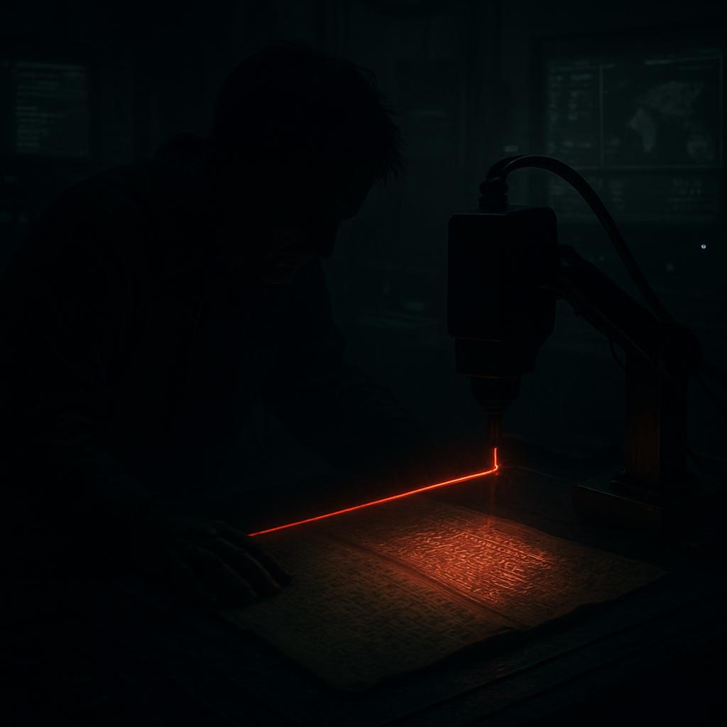 A red laser beam projected from a machine, into total darkness, reflecting off a surface below.