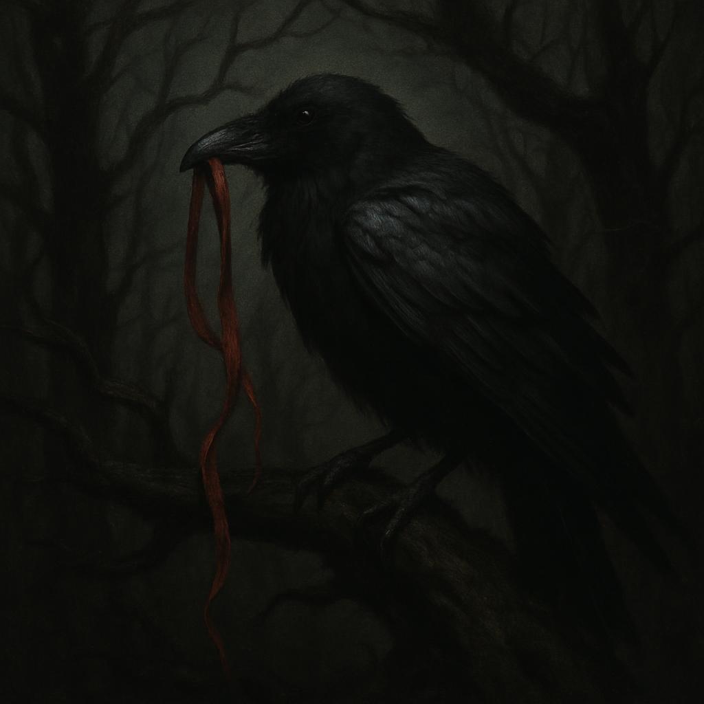 A crow perched on a branch, holding a red ribbon in its beak.