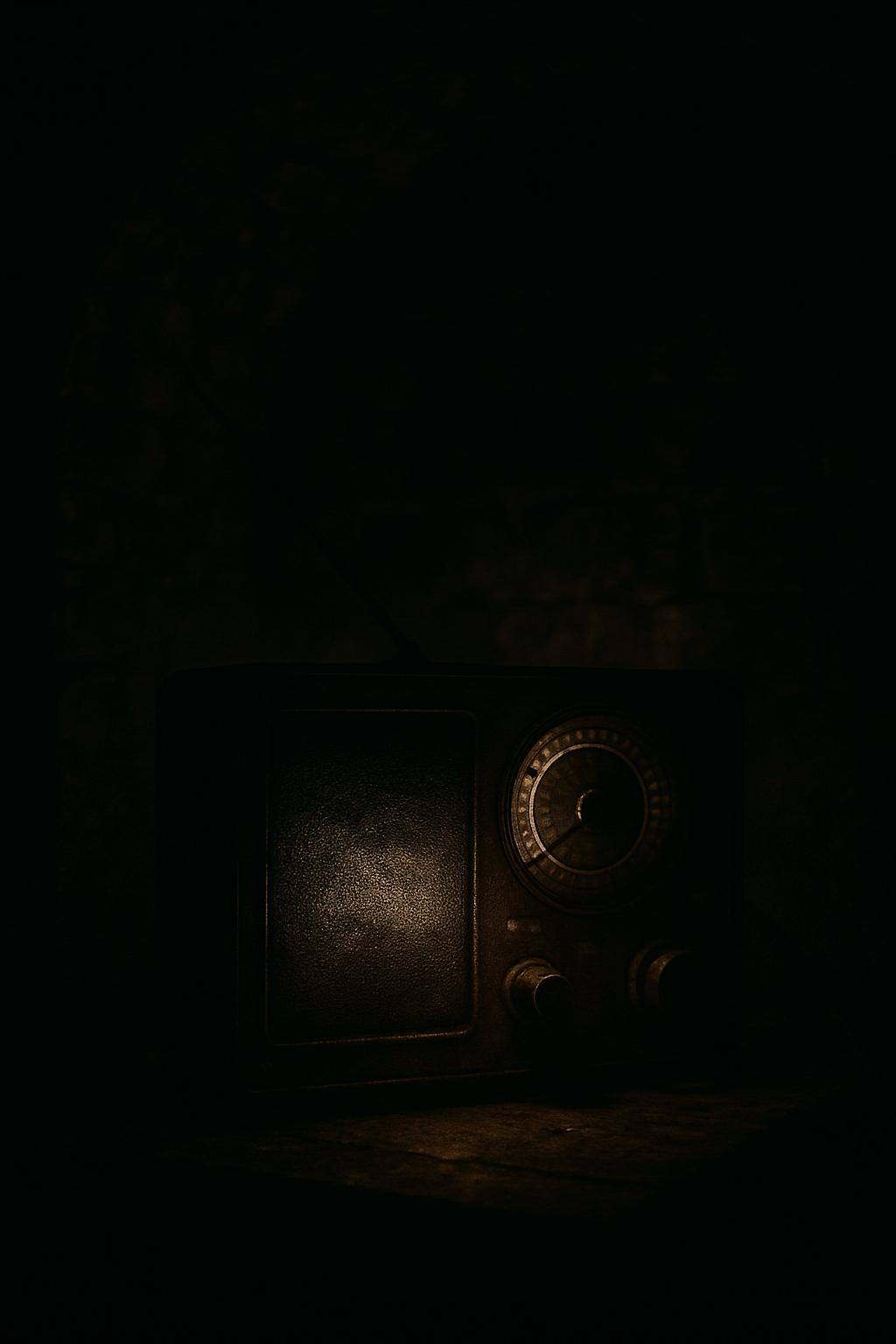 An old, dark-toned radio sits in the corner of a dimly lit room.