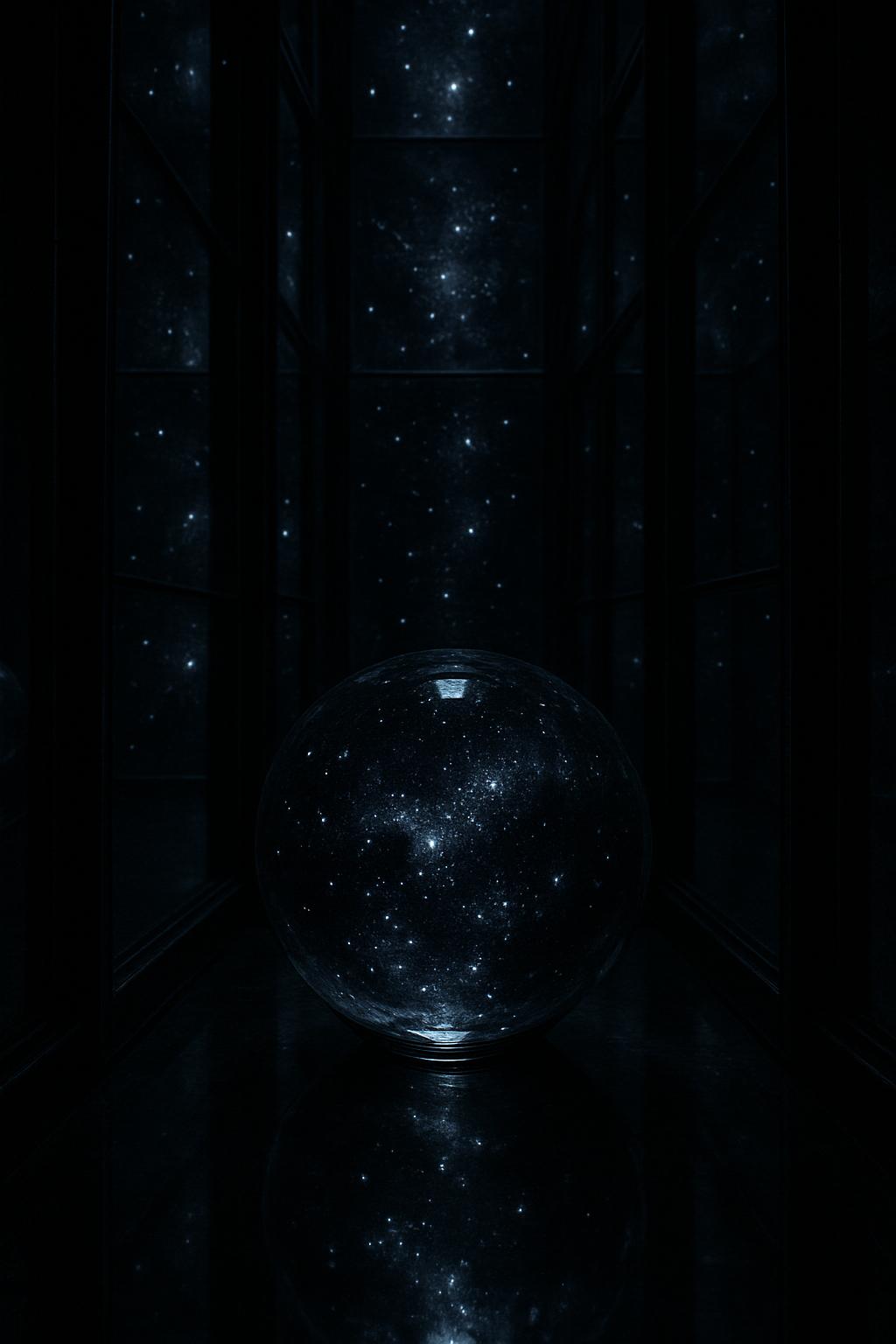 Visual representation of a crystal ball with designs akin to space, in a pitch-black background.